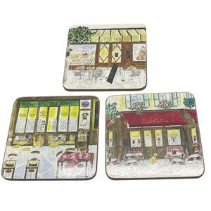 coasters set of 3 café cork back multi color dog cat bird 4x4" each READ